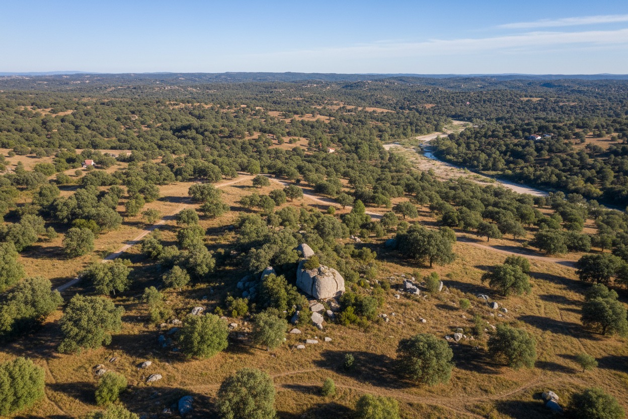 Vista aérea de un paisaje natural con colinas arboladas, formaciones rocosas y un río serpenteante bajo un cielo despejado.
