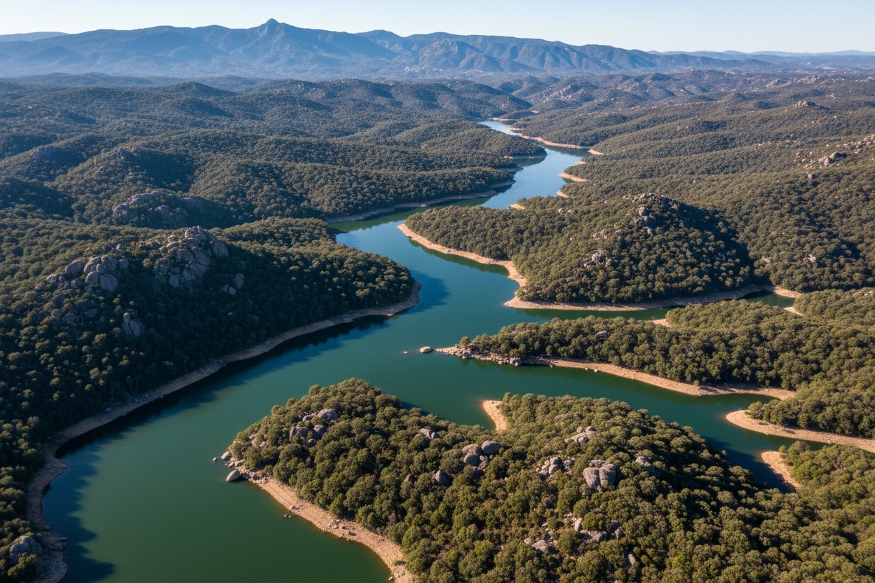 Vista aérea de un embalse serpenteante rodeado de colinas cubiertas de densos bosques y montañas al fondo.