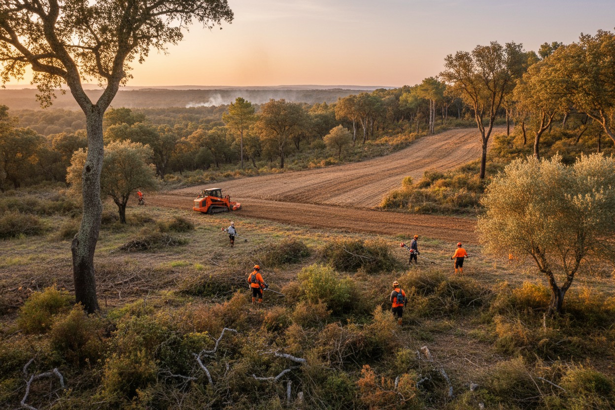 Varios operarios con chalecos naranjas trabajan en labores de limpieza y mantenimiento de un terreno boscoso junto a un tractor al atardecer.